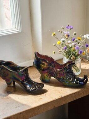Mosser Glass Amethyst Purple Victorian Style Slippers - Beautiful Iridescence.